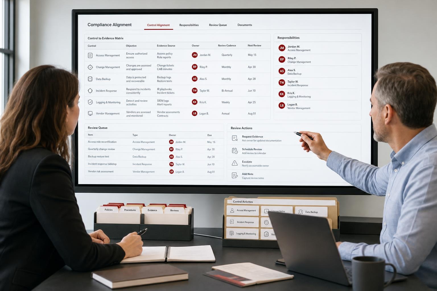 Two professionals review a control-to-evidence matrix, assigned responsibilities, and review actions beside organized compliance folders.