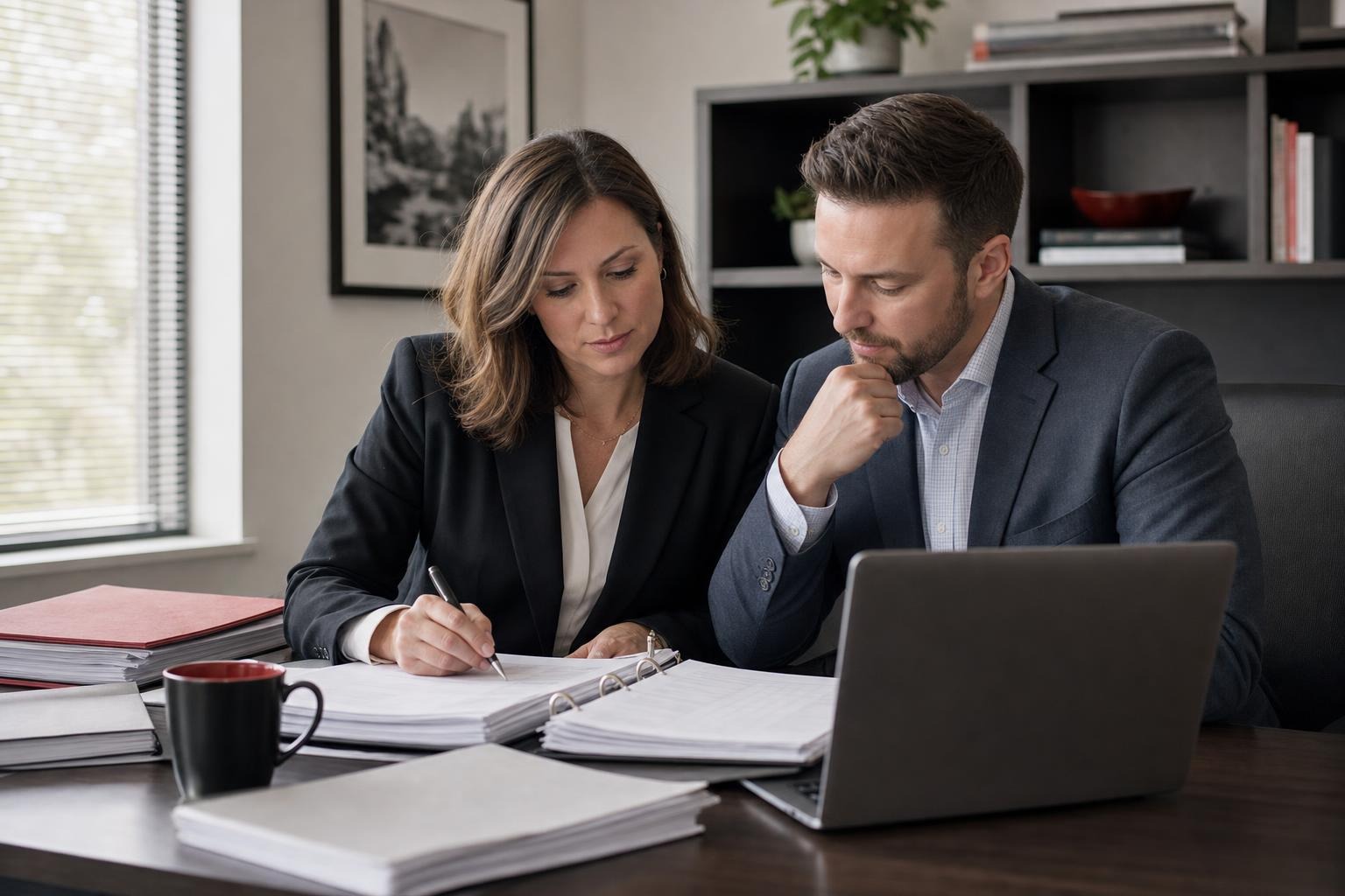 Two accounting professionals review a binder of working papers beside an open laptop, with one making notes.