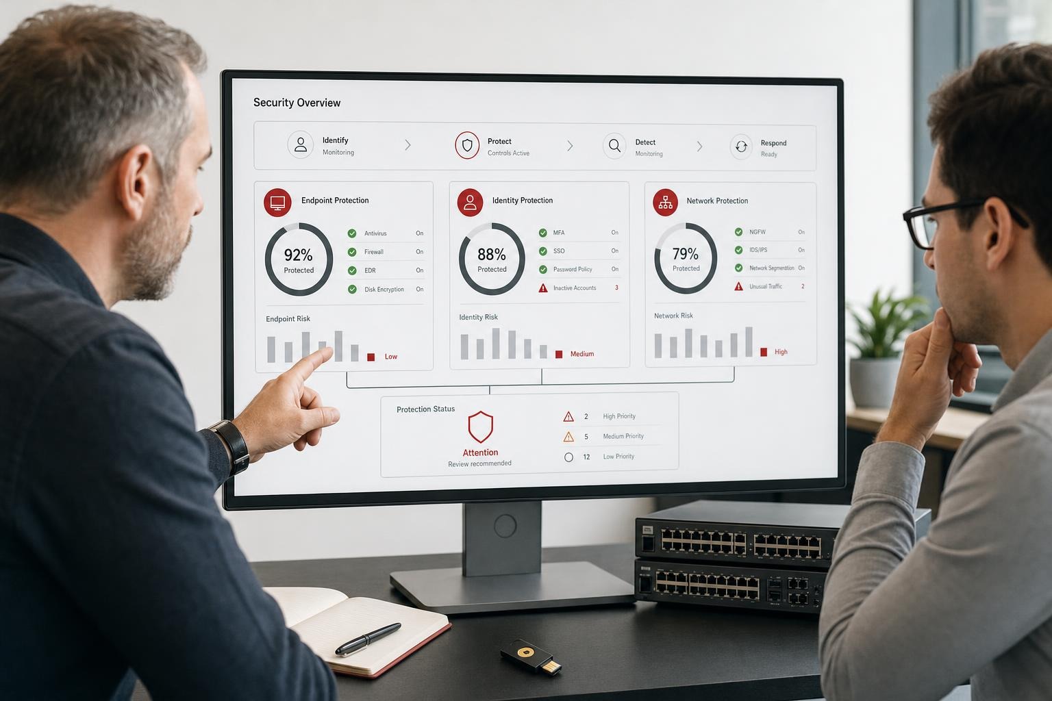 Two IT professionals review endpoint, identity, and network protection beside network equipment.