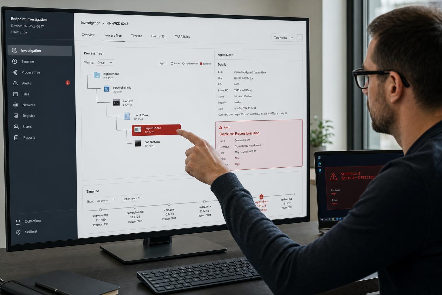 Security analyst reviews a suspicious process in an endpoint investigation dashboard.