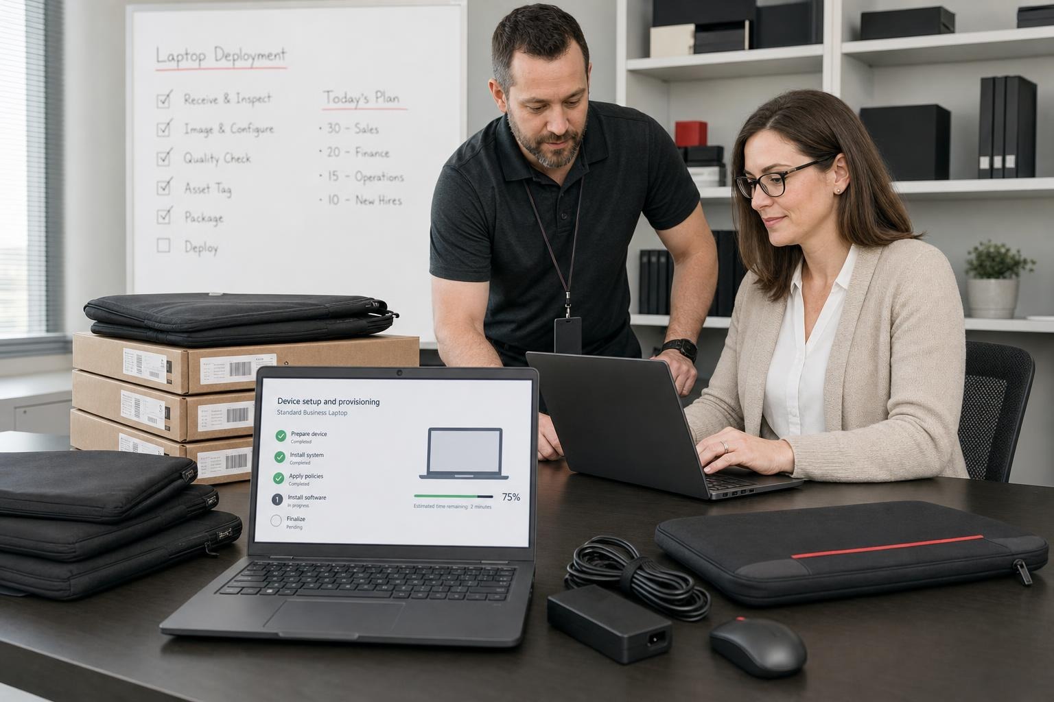 Technician helps an office manager configure a laptop beside packaged devices, carrying cases, and a laptop showing provisioning progress.