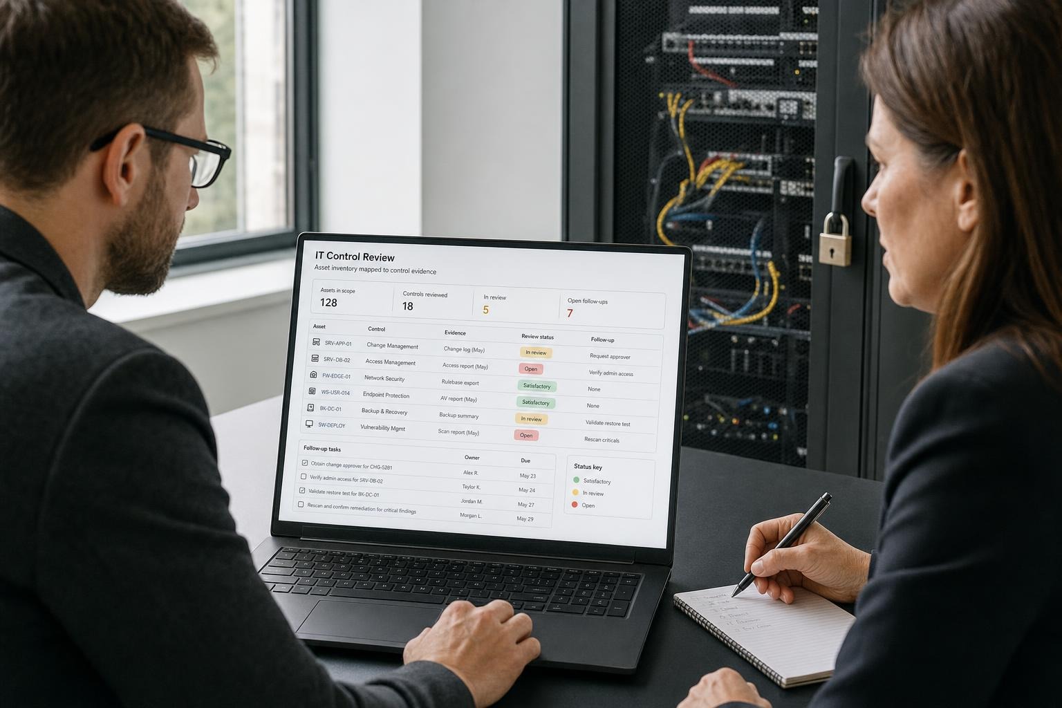 Two IT professionals review an asset and control-evidence dashboard on a laptop beside a locked network cabinet, with one taking notes.