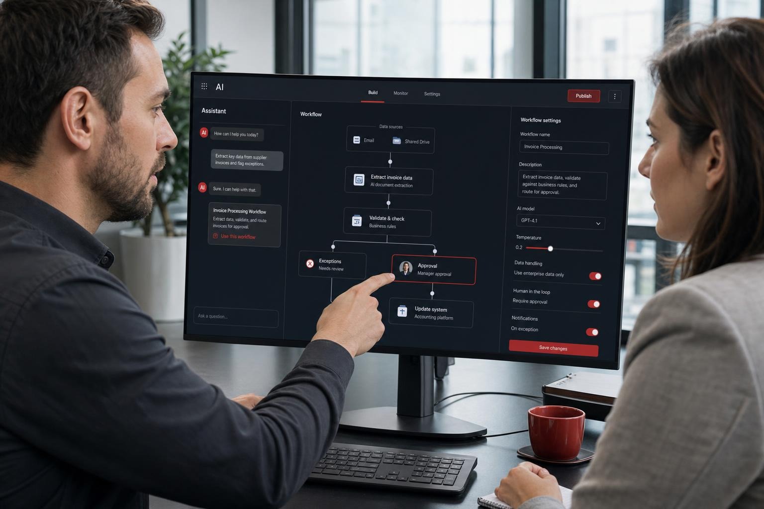 An AI specialist configures a business automation workflow with a colleague.