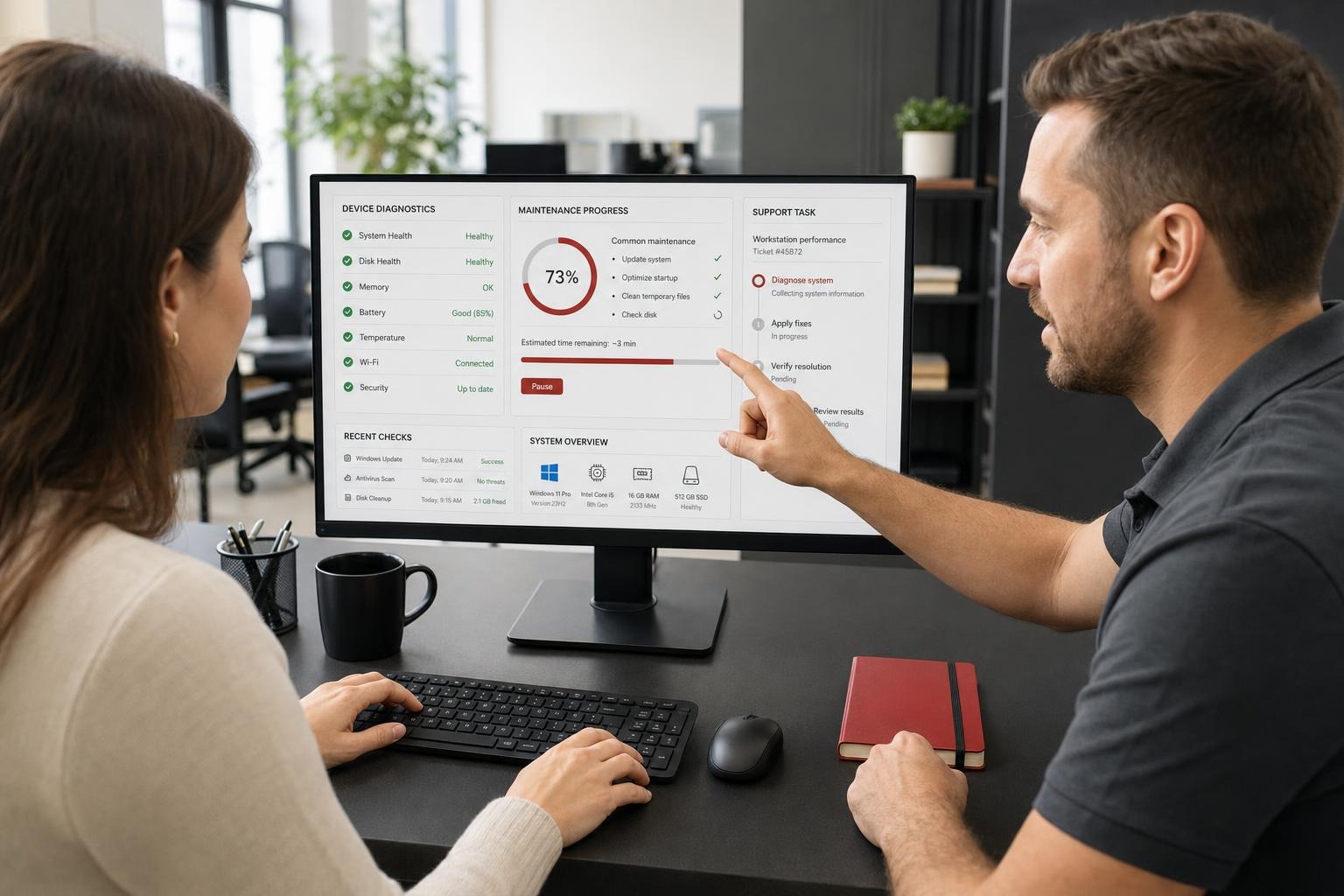 IT specialist points to workstation diagnostics and maintenance progress while an employee uses the keyboard.