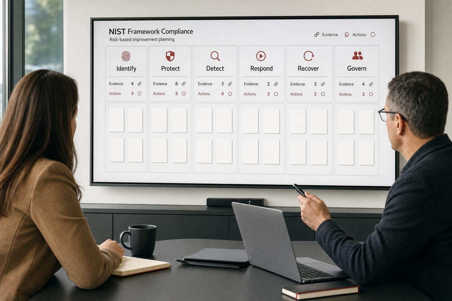 Two professionals review risk-based improvement workstreams for the six NIST Cybersecurity Framework functions on a large display.