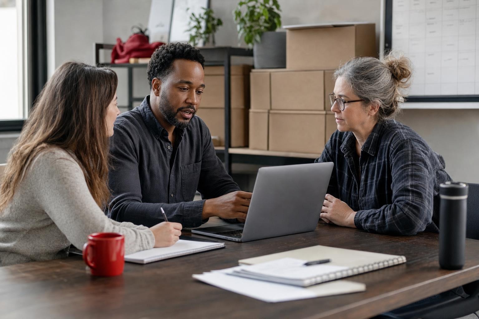 Three team members plan around a laptop and notebooks, with supply boxes and a schedule board behind them.