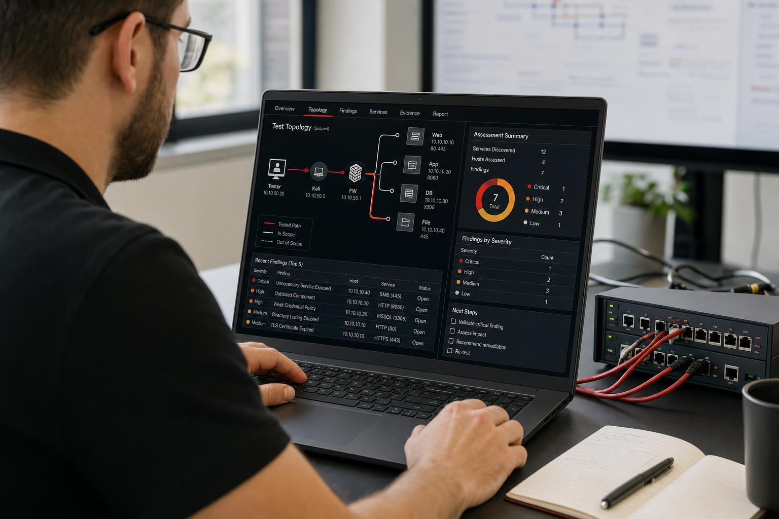 Security tester reviews a scoped network topology and assessment findings on a laptop connected to test-network equipment.