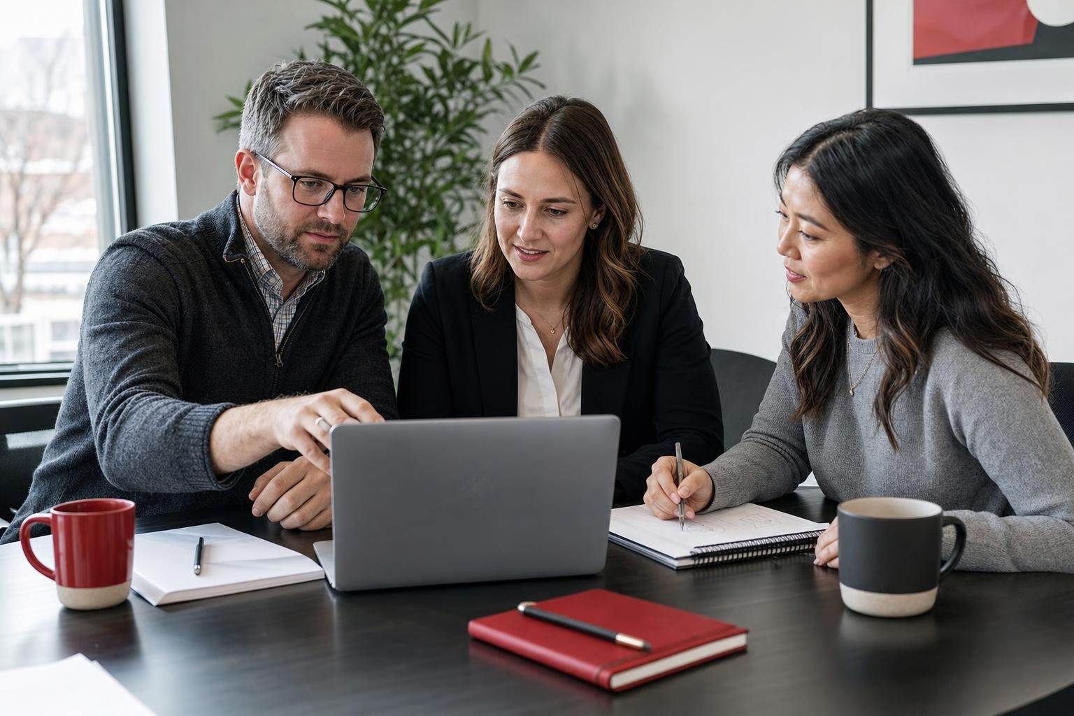 Three colleagues collaborate around a laptop while one takes notes at an office meeting table.