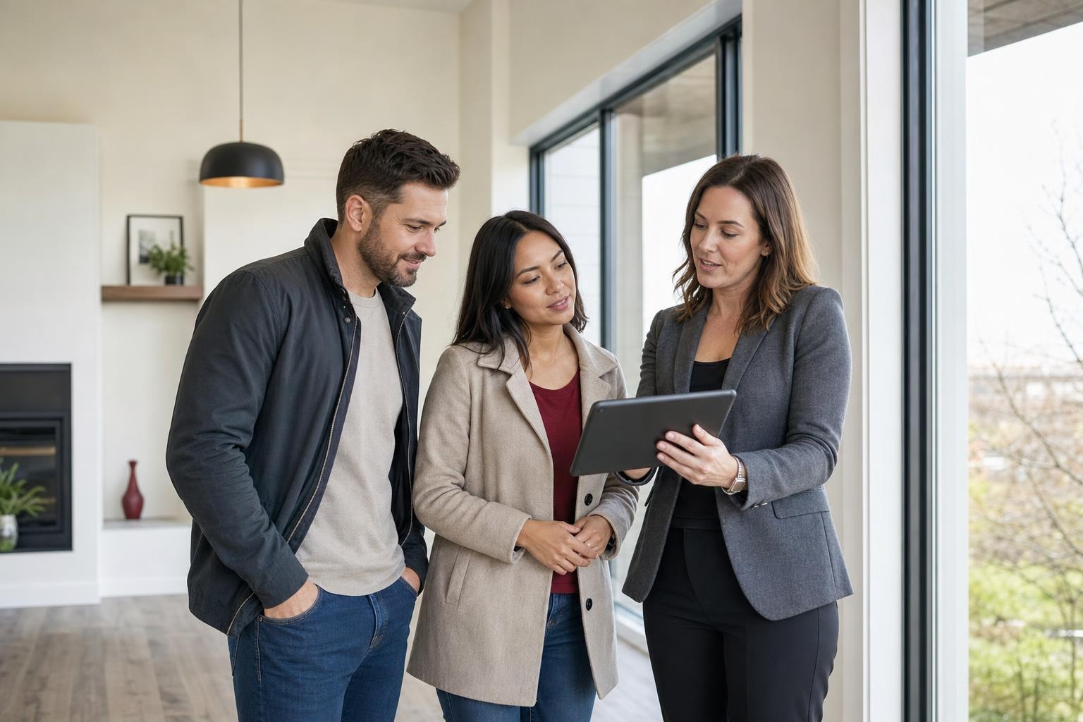 A real estate professional reviews property information on a tablet with clients inside a bright property.