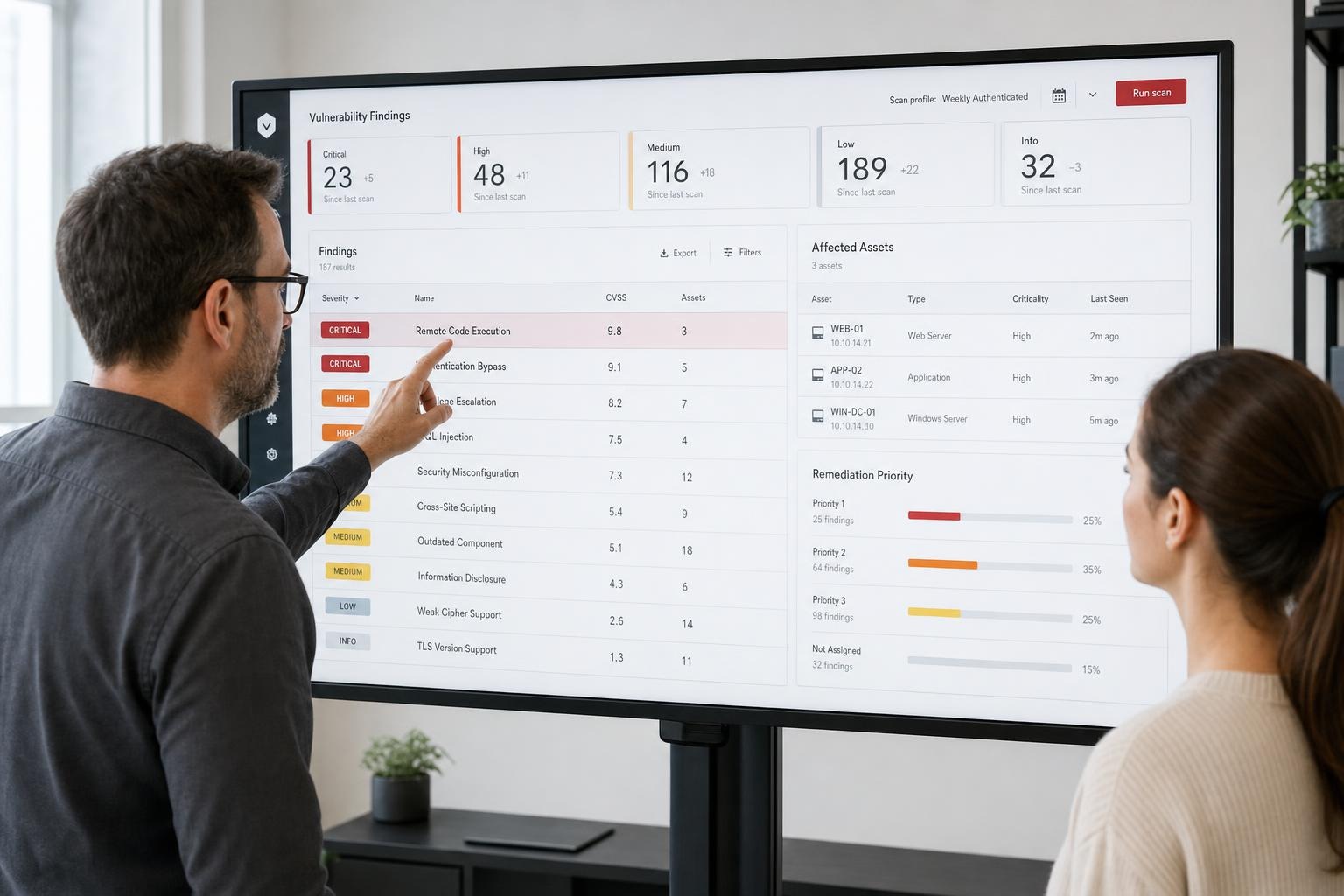 Two professionals review vulnerability findings by severity, affected assets, and remediation priority on a large monitor.